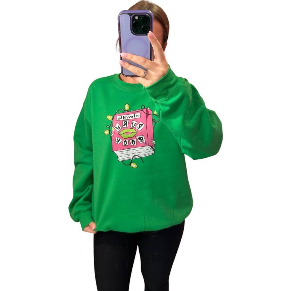 NEW DISTRESSED VINTAGE COUTURE burn book christmas sweatshirt in green